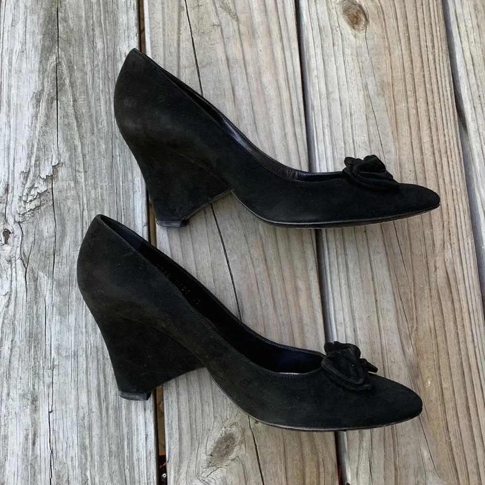 Sergio Rossi size 41 black suede bow wedge heels made in Italy